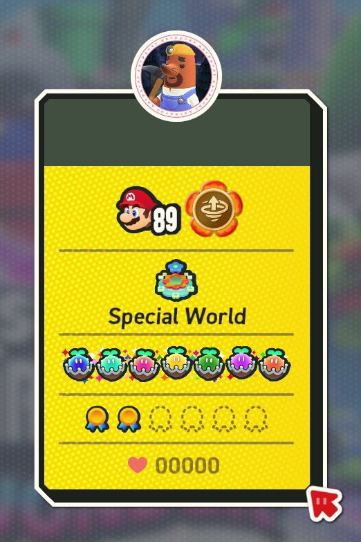 Spara data för Super Marios Bros. Wonder visar bandbelöningen du får för att samla alla Wonder Seeds.