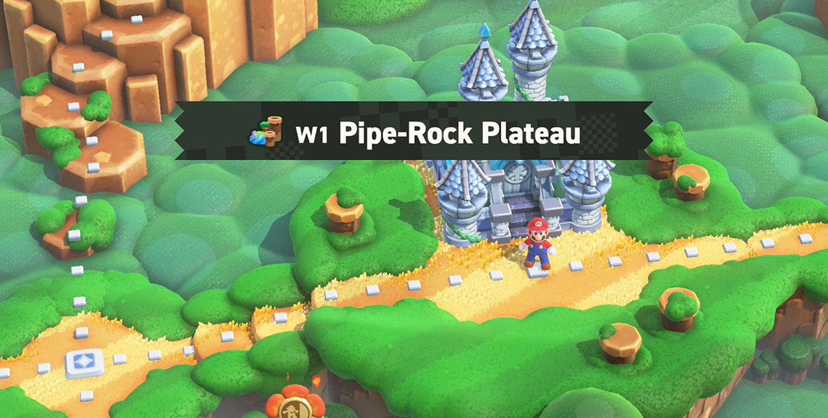 Super Mario Bros. Wonder Mario framför W1 Pipe-Rock Plateau Palace