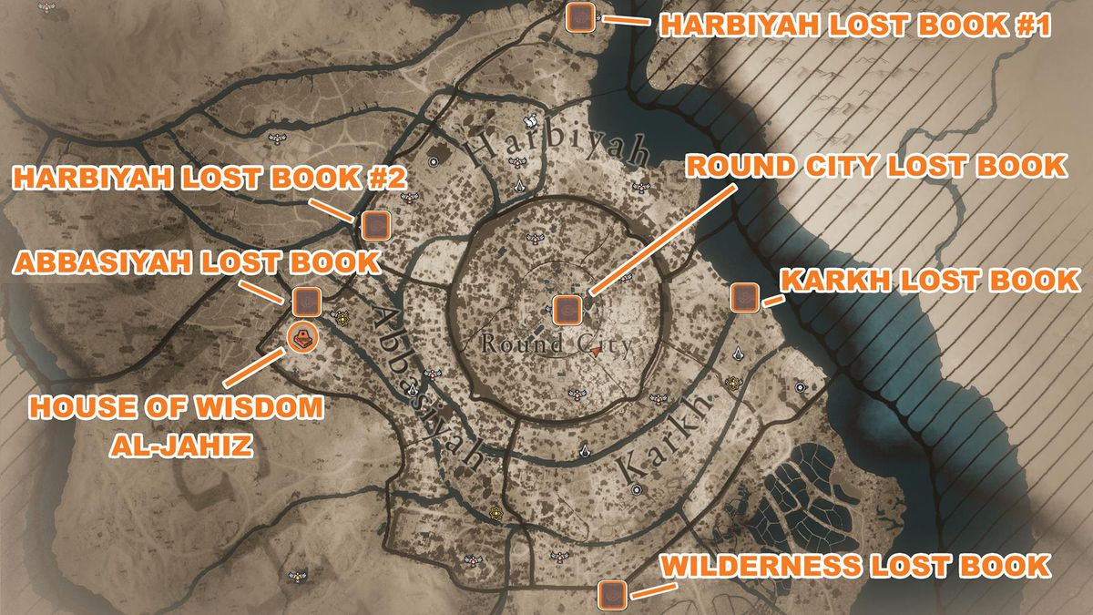En karta över Bagdad visar Lost Book-platserna i AC Mirage.