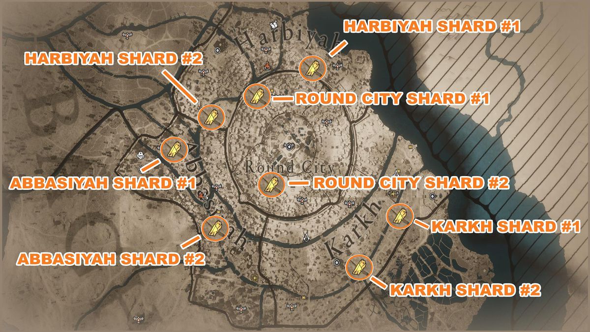 En karta över Bagdad visar alla Mysterious Shards platser i AC Mirage.