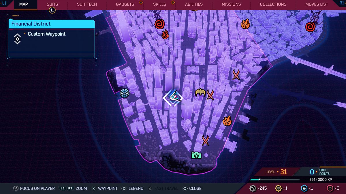 En karta över NYC som visar platsen för Trinity Church i Marvel's Spider-Man 2