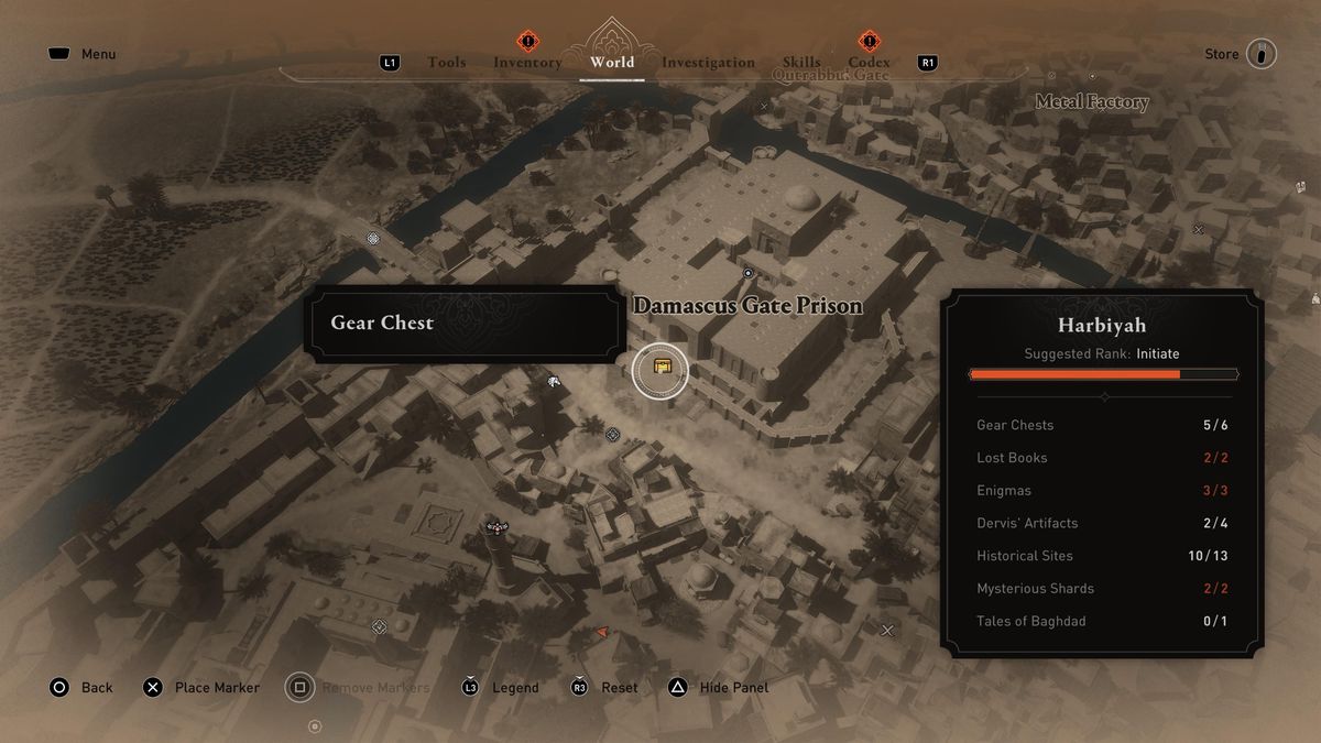 En karta visar platsen för en Gear Chest i Damascus Gate Prison.