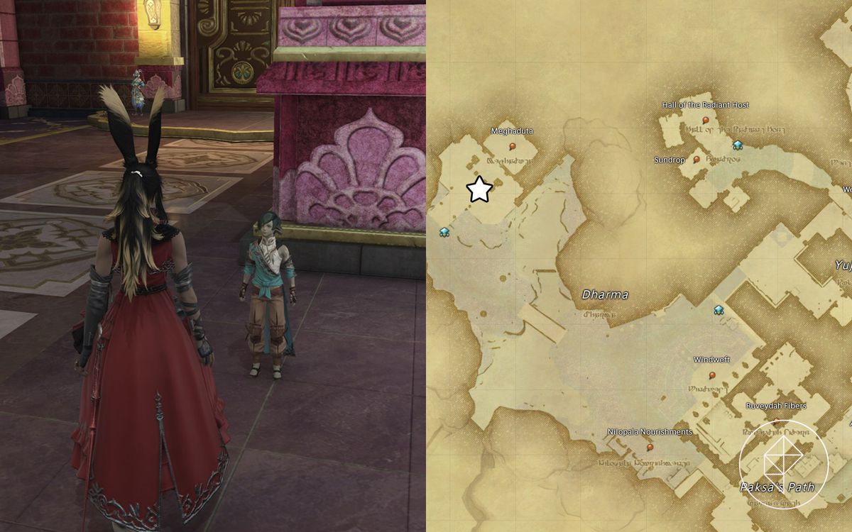 En Viera står framför en liten Au'Ra i Radz-at-Han i Final Fantasy 14