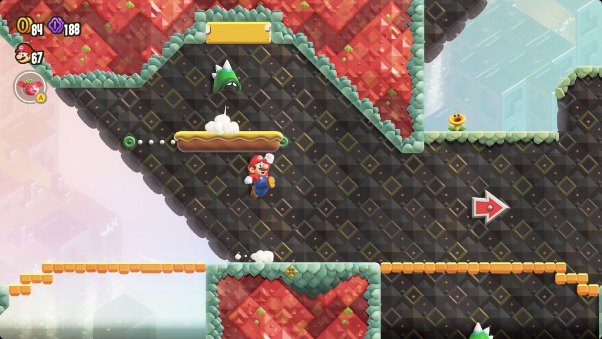 Super Mario Bros. Wonder The Hoppycat Trial: Hop, Hop och Awaaay skärmdump som visar Wonder Flower-platsen.