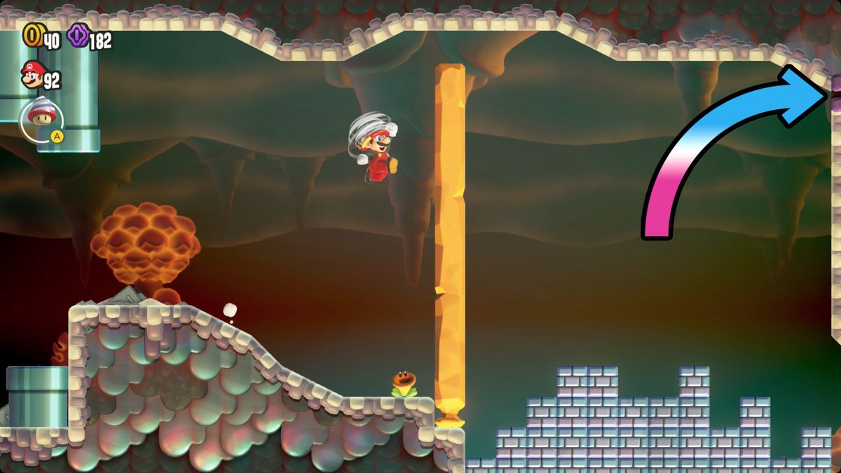 Super Mario Bros. Wonder Where the Rrrumbas Rule skärmdump som visar vägen till ett Wonder Seed.