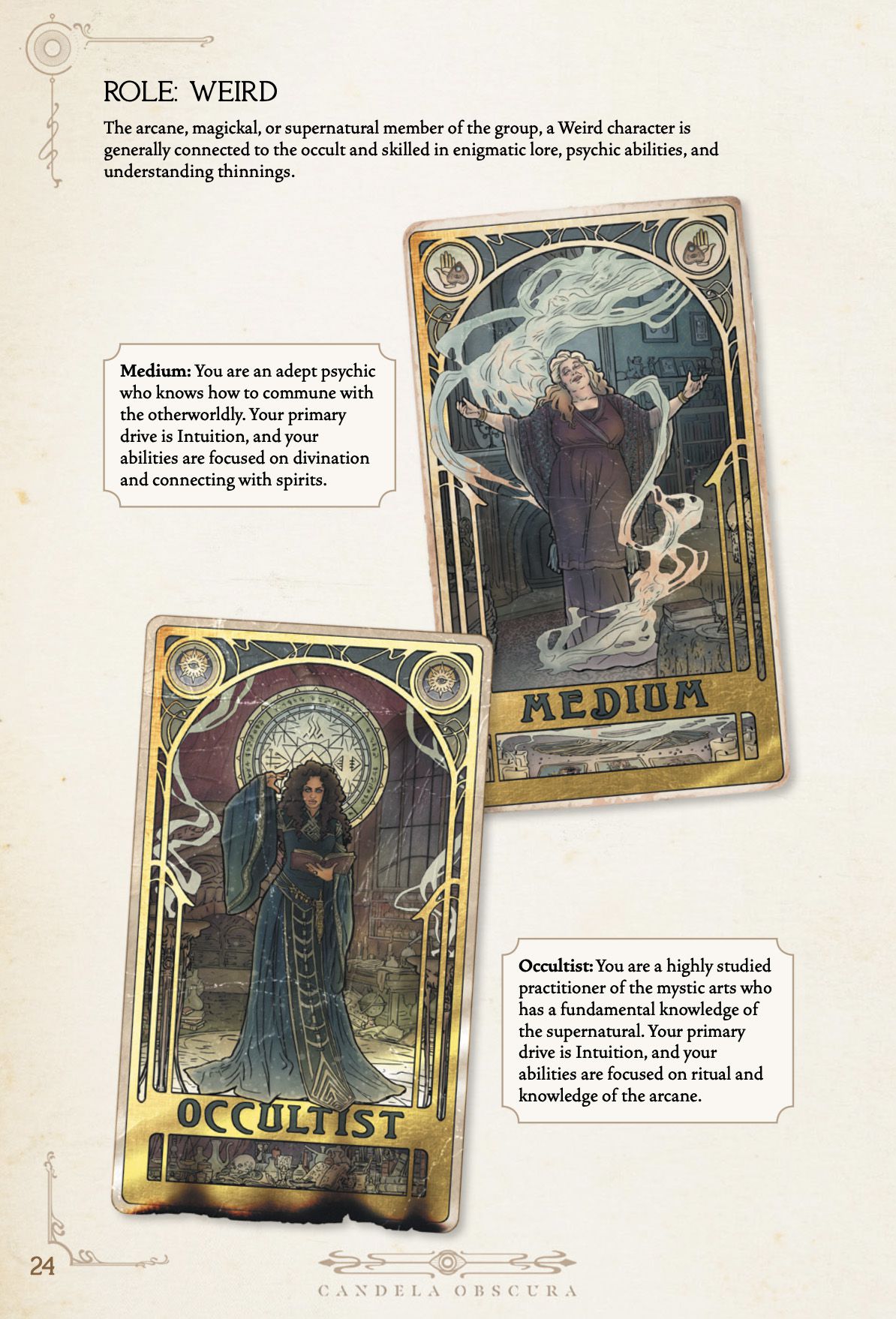 En enda sida från Candela Obscura-regelboken med konstiga roller, specialiteter som mediet och ockultisten.