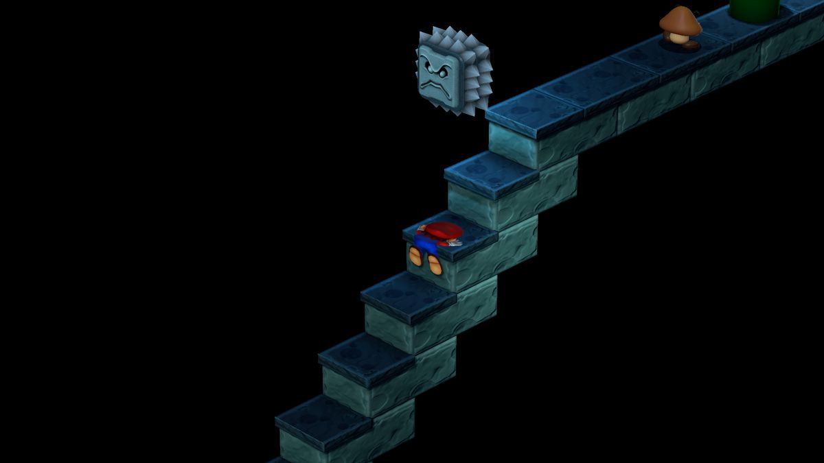 Mario pressas platt av en Thwomp på några trappor i Super Mario RPG