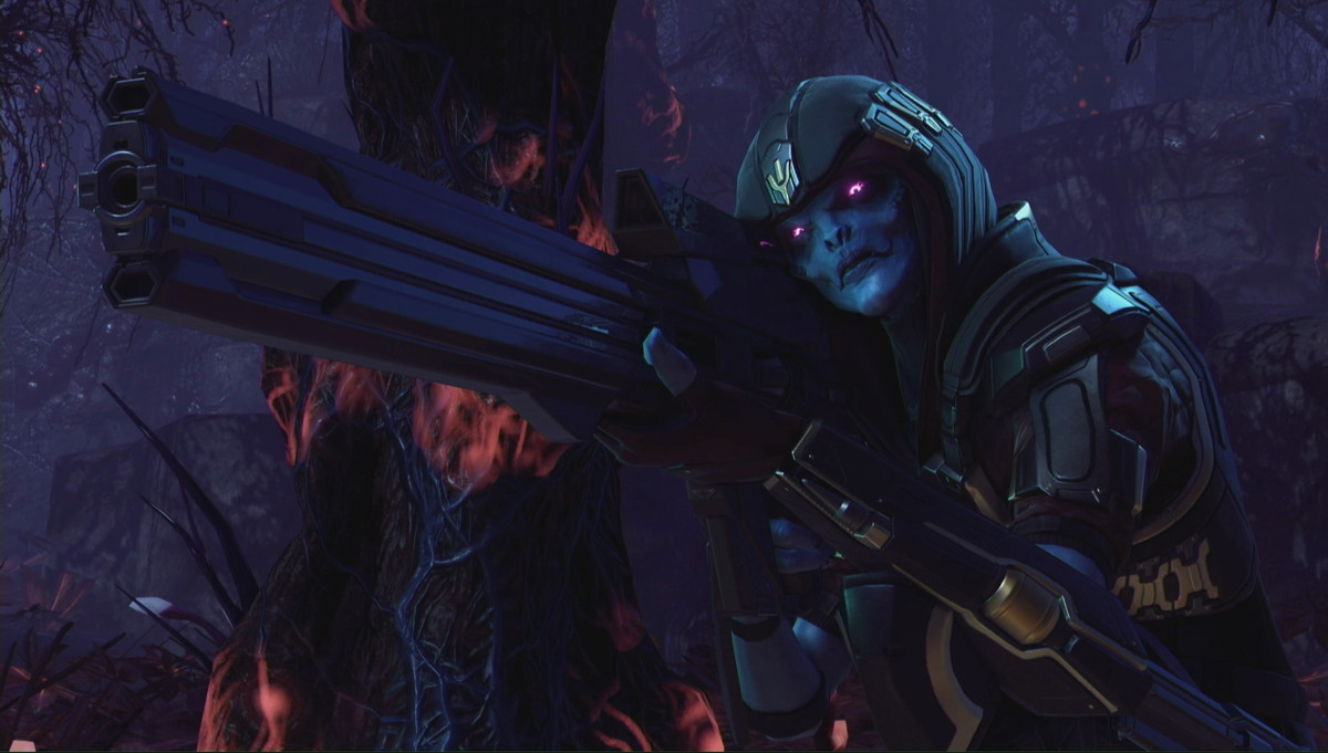 XCOM 2: War of the Chosen - The Hunter aims down sights with her rifle while standing next to a tree