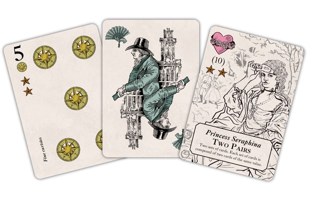 Tre kort från Molly House, ett som visar en femma med pentacles, ett annat en medlem av polisstyrkorna och en annan Princes Seraphina - en av mollorna som finns med i spelet.