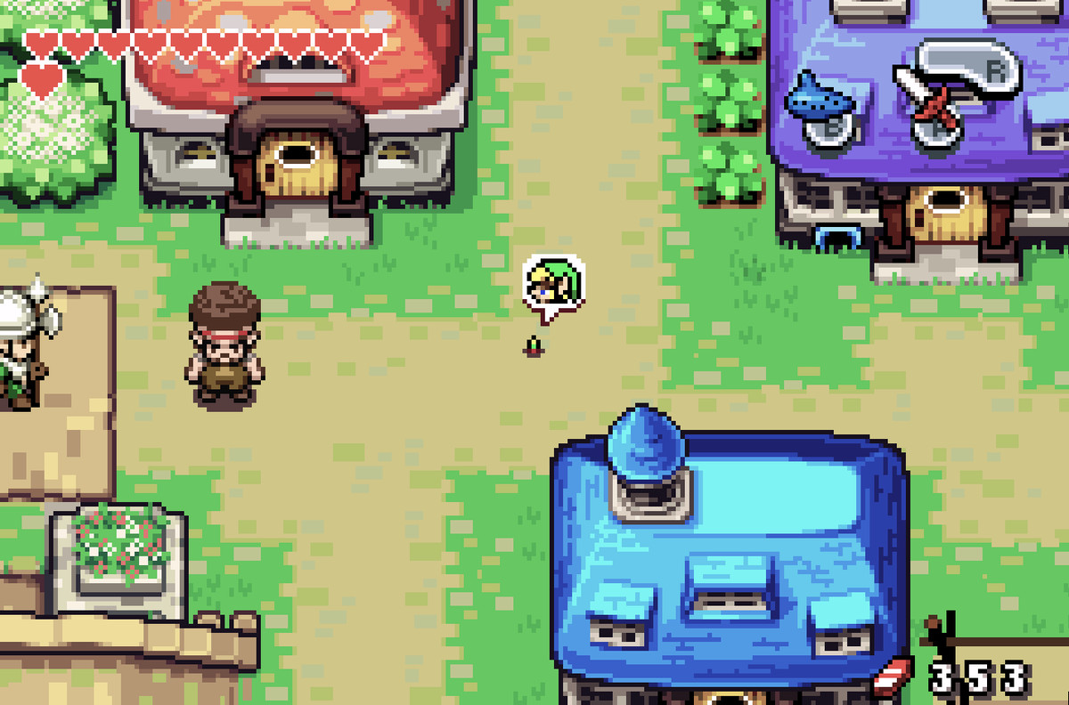 En bild av Link i The Legend of Zelda: Minish Cap.  Han ser ett par pixlar lång ut när han går runt på stan. 