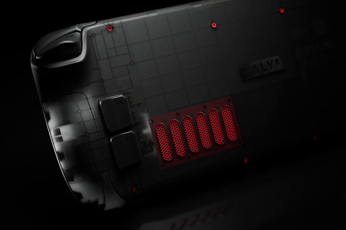 Ett foto av det bakre luftintaget på Steam Deck OLED i begränsad upplaga, avslöjar dess röda design.