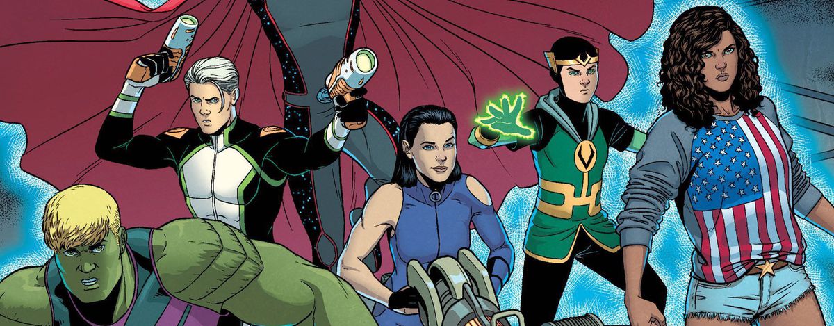 LtR: Hulkling, Noh-Varr, Wiccan, Hawkeye, Kid Loki och America Chavez i Young Avengers, Marvel Comics.