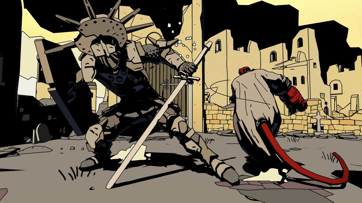 Hellboy slår en bepansrad fiende som håller en sköld och svärd i Hellboy Web of Wyrd.