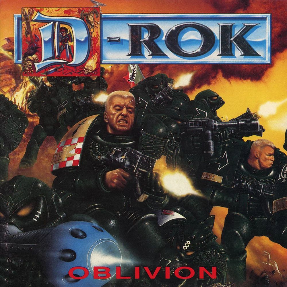 Omslagsbild för D-Roks Oblivion visar svarta tempelriddare som är engagerade i hårda strider.  Ett av Warhammer Records första album.