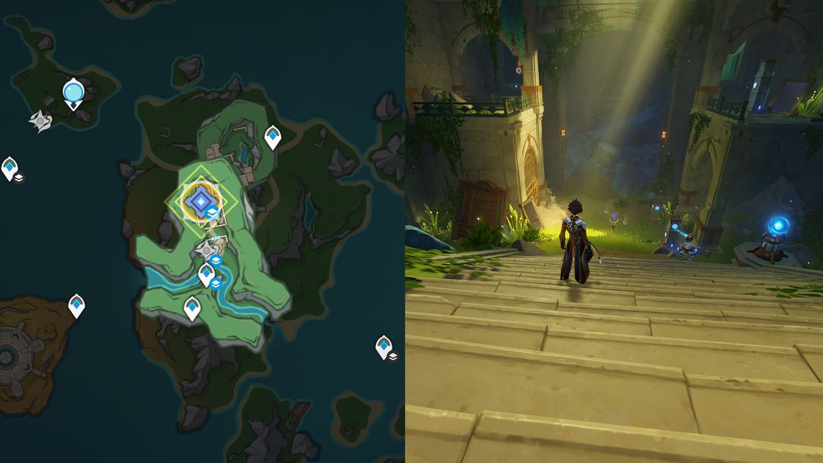 A split image shows a map on the left and a person walking through the woods on the right in Genshin Impact.