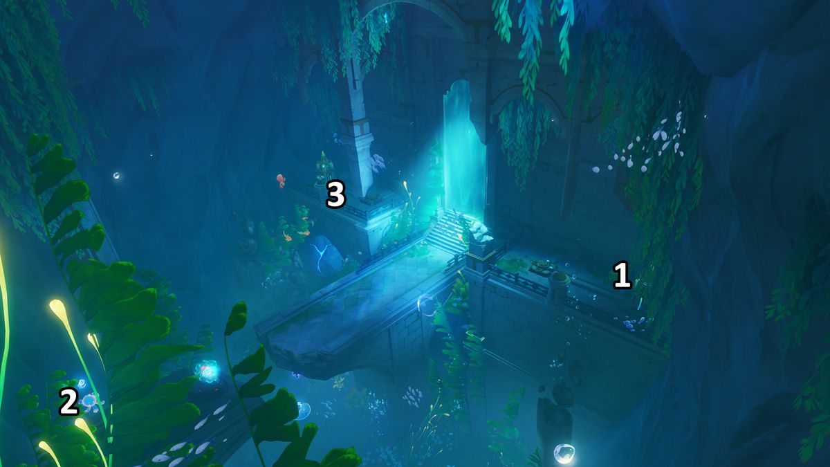 An overhead image shows a doorway bathed in blue light in a cave in Genshin Impact.