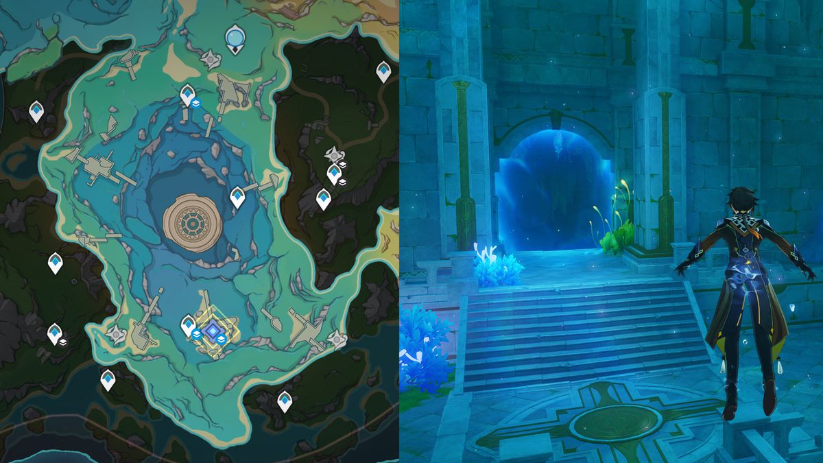 A split image shows a map on the left and a character climbing stairs to a portal in a blue cave on the right in Genshin Impact.