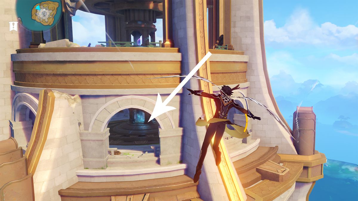 A character flies near the summit of a tower in Genshin Impact.