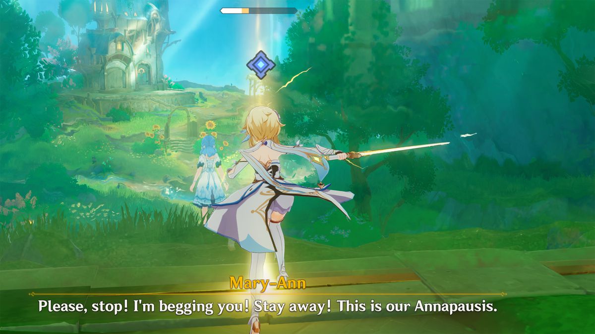 A character talks to Mary-Ann in a field in Genshin Impact.
