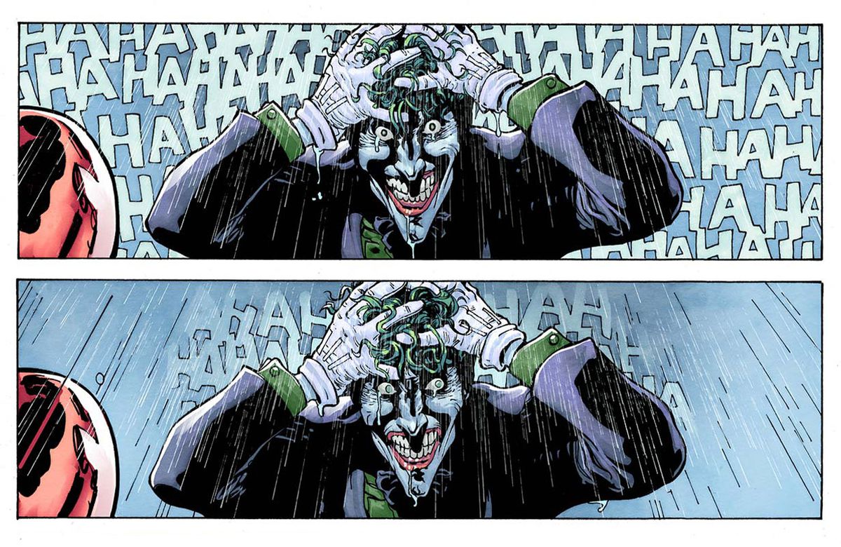 Jokern skrattar, med händerna mot huvudet, i en hyllning till The Killing Joke, i en andra panel dör hans skratt och hans ögon tittar åt sidan.