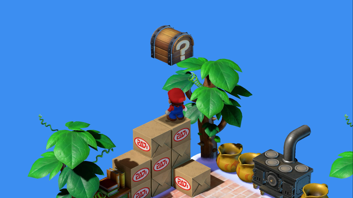 Mario stands on a stack of boxes in the Nimbus Land item shop in Super Mario RPG.