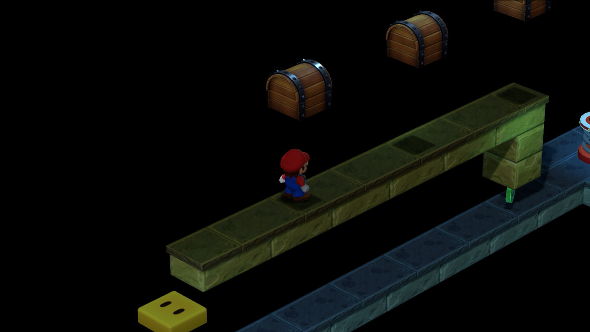 Mario stands on a thin platform with empty treasure boxes in Super Mario RPG.