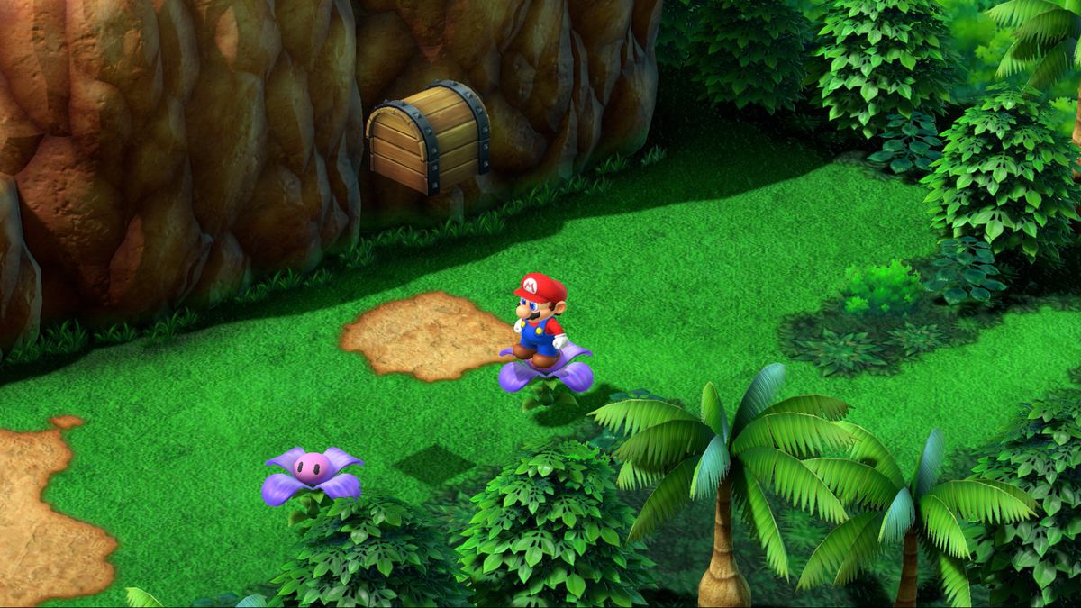 Mario stands on a purple flower next to another purple flower in Super Mario RPG.