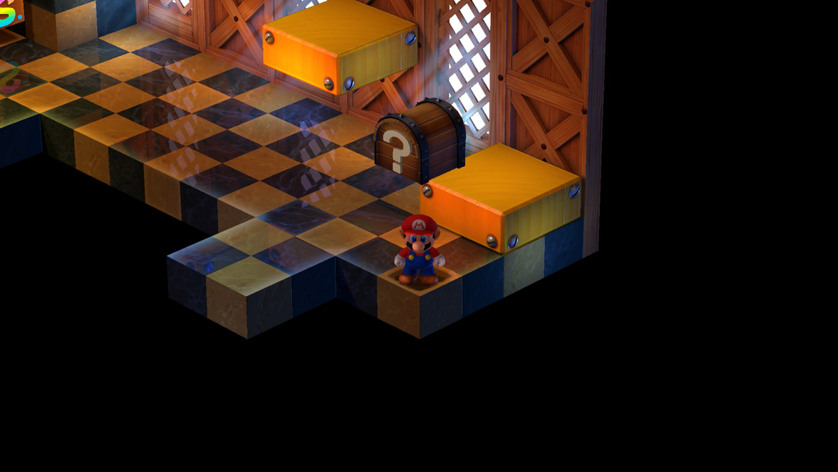 Mario stands in the corner of a room in Booster Tower in Super Mario RPG.