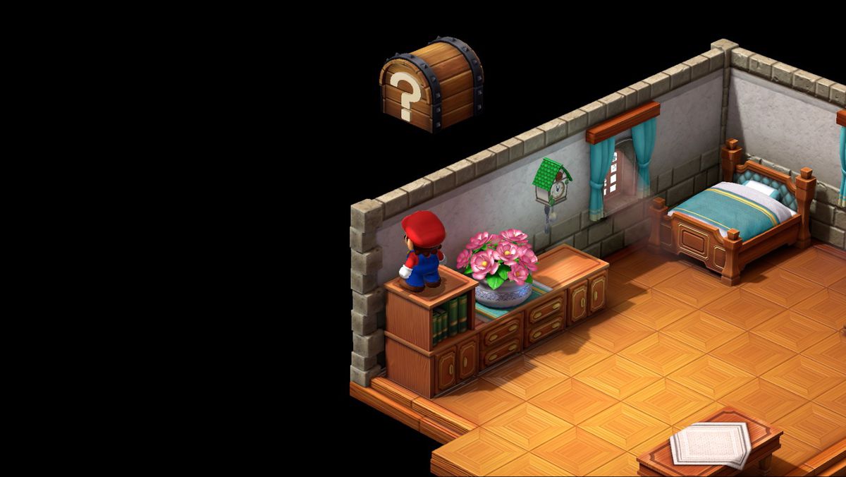 Mario stands on a bookshelf in an inn in Super Mario RPG.