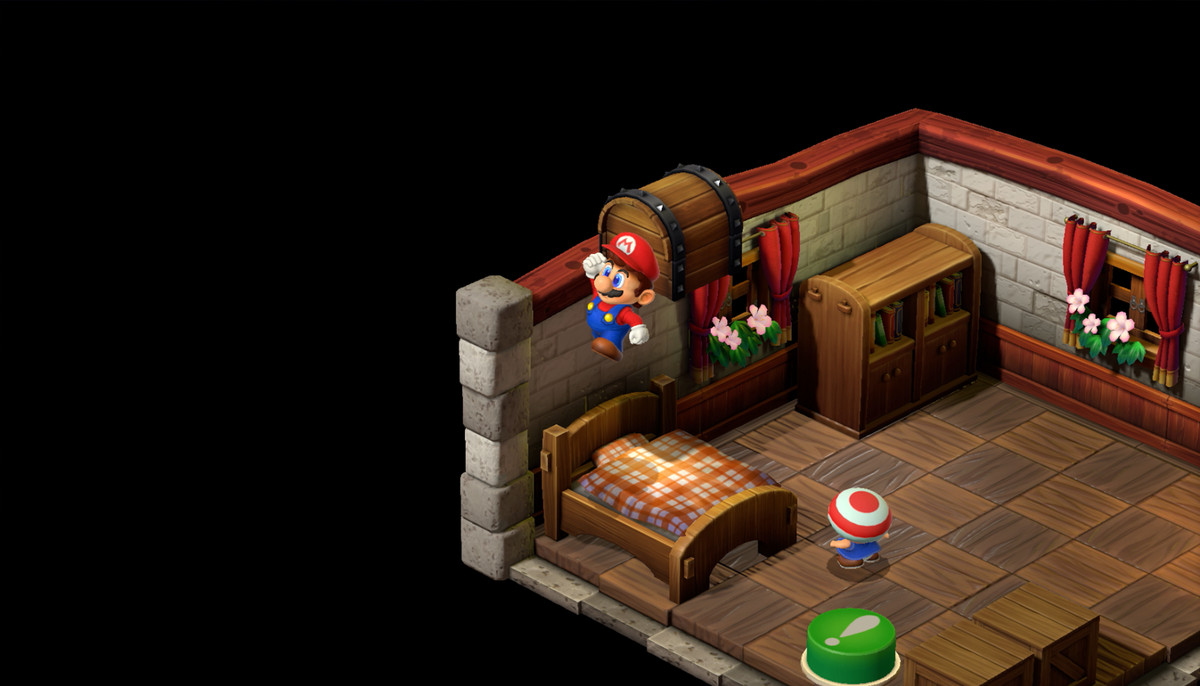 Mario jumps on a bed near a green exclamation point switch in Super Mario RPG.