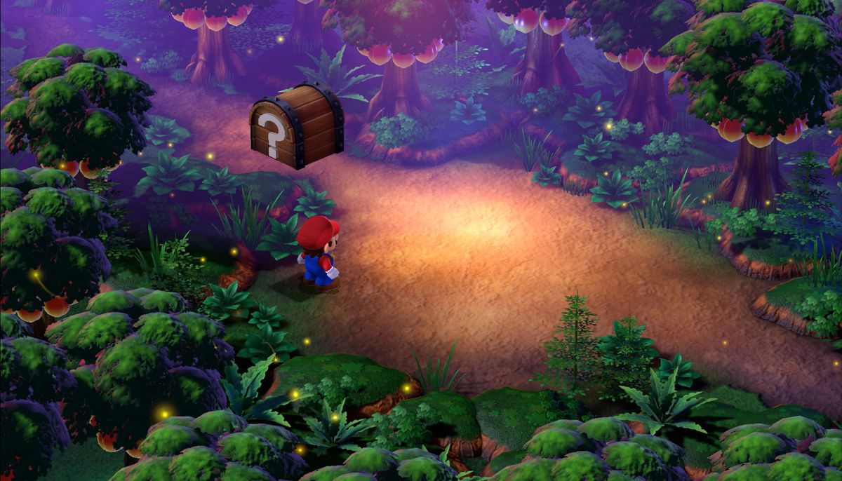 Mario stands under a treasure chest in a forest of trees filled with fruit in Super Mario RPG.