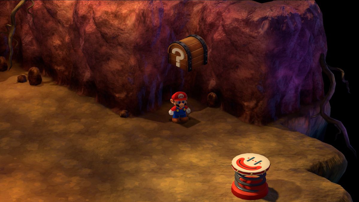 Mario stands under a chest with nothing in it in Super Mario RPG.