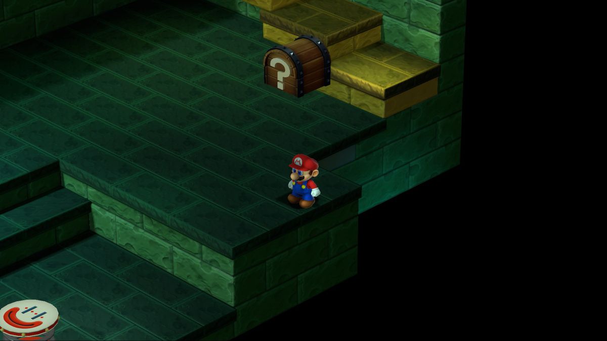 Mario in an underground path in the corner of a dark room in Super Mario RPG.