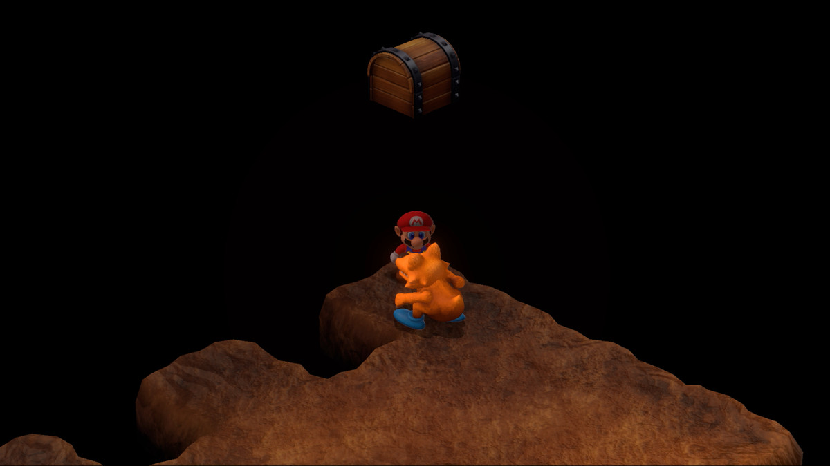 Mario stands next to a fox enemy in a cave in Super Mario RPG.