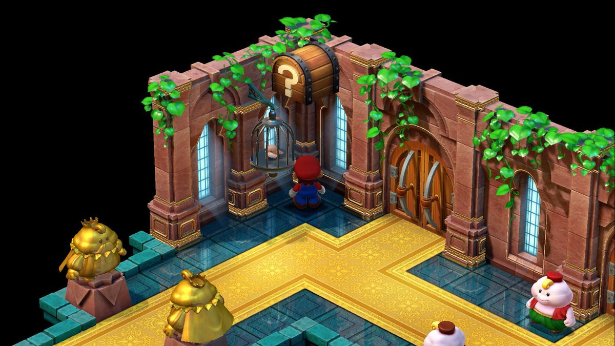 Mario stands next to a caged bird in Super Mario RPG.