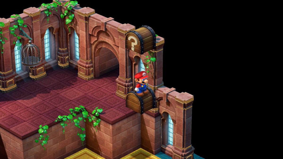 Mario stands on a chest to reach another chest in the Nimbus Land castle in Super Mario RPG.