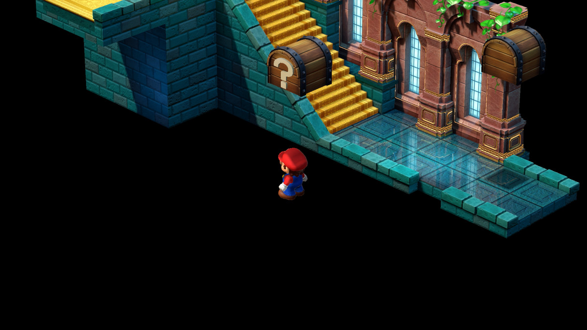 Mario stands in a black invisible path in Super Mario RPG.