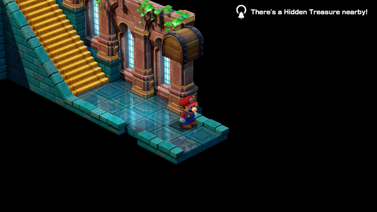 Mario stands towards the exit of a stairwell in Super Mario RPG.