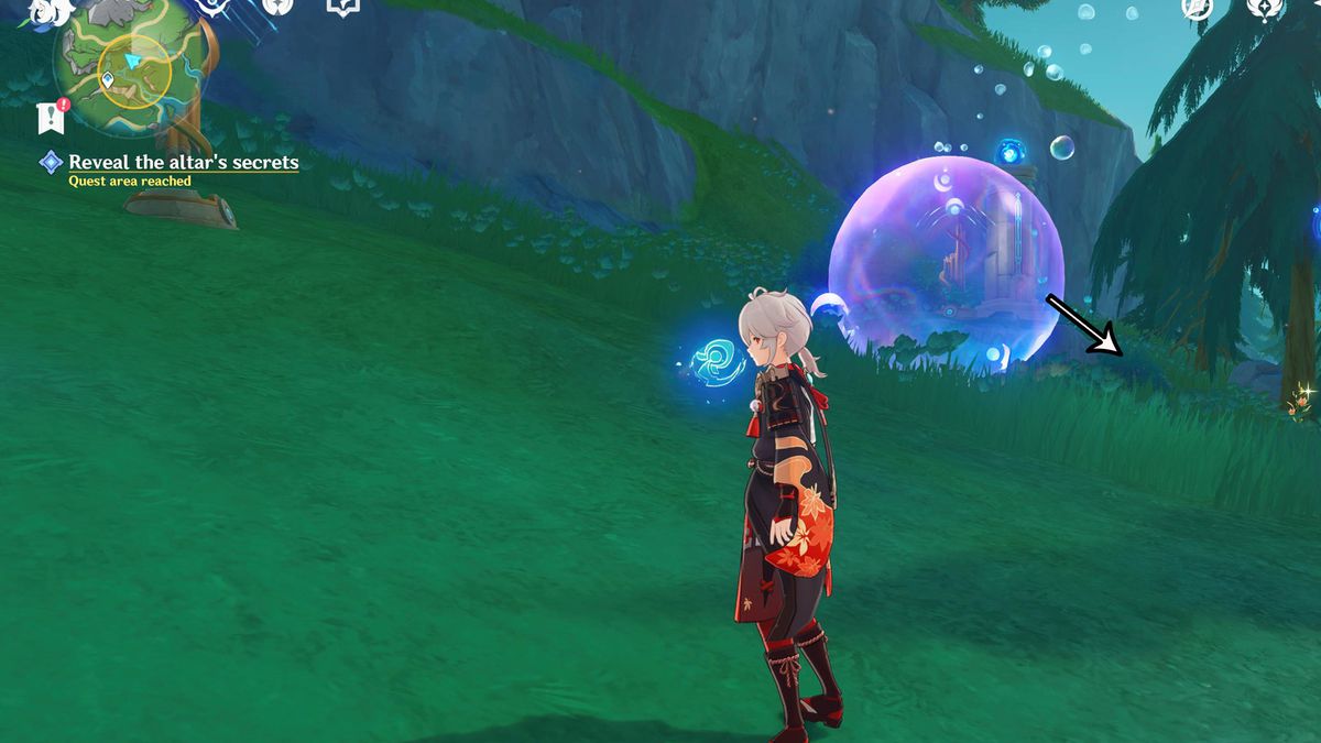 En karaktär står nära en flytande bubbla i ett fält i Genshin Impact.