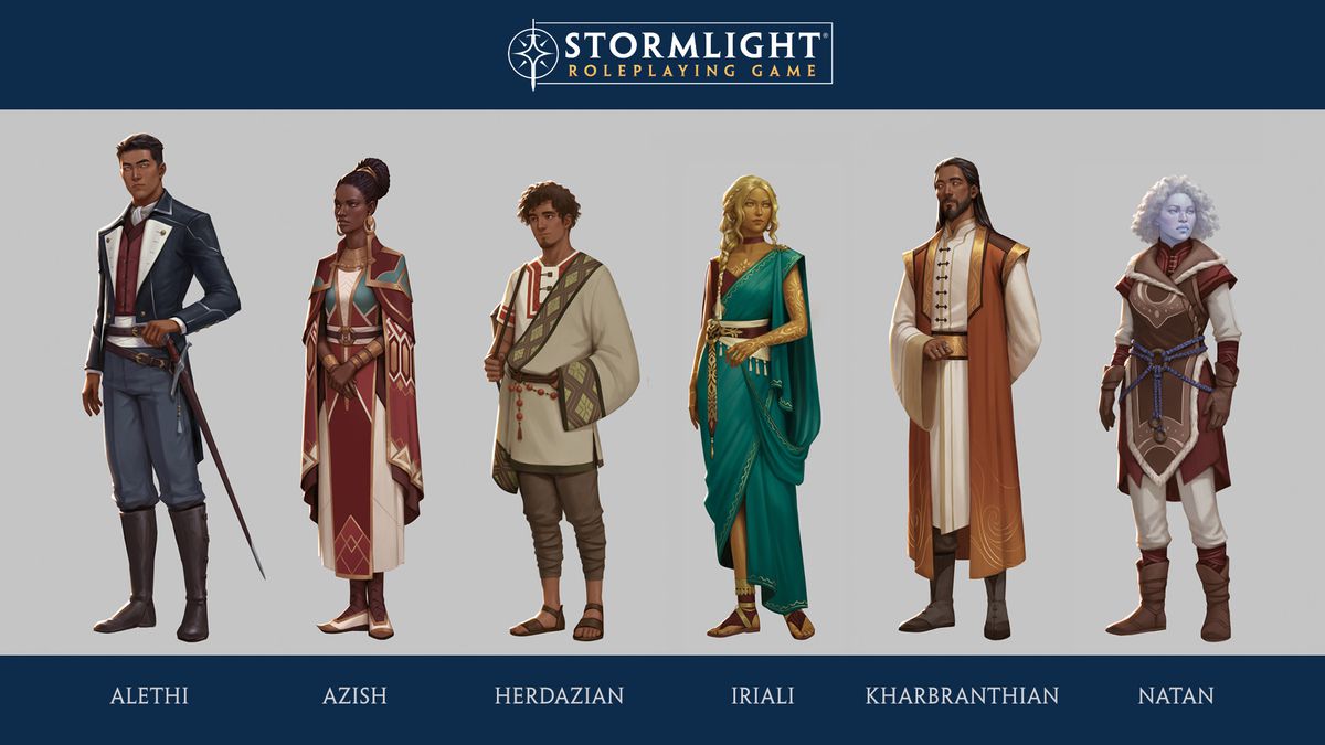 Skildringer av flera Stormlight-fraktioner, inklusive Alethi, Azish, Herdazian, Iriali, Kharbranthnian och Natan.