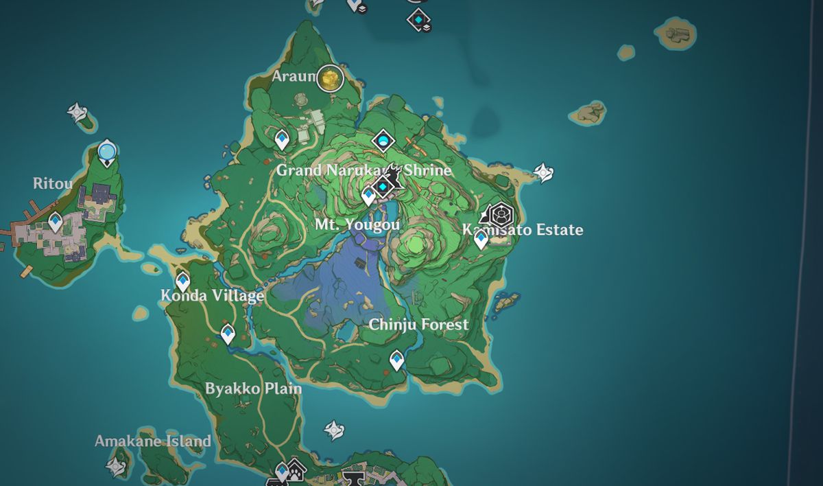 En karta över den norra ön i Inazuma i Genshin Impact.