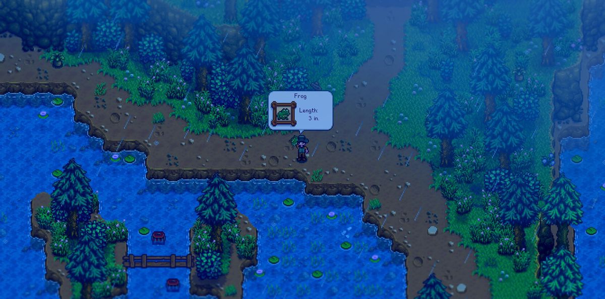 En Stardew Valley Expanded-spelare som fångar en groda;  det är ett specifikt tillägg i modden.