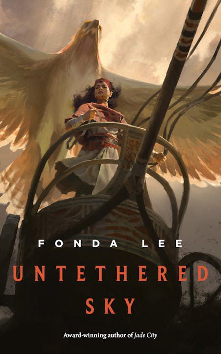 Cover image for Fonda Lee’s Untethered Sky, with a young woman standing as a large bird soars overhead.