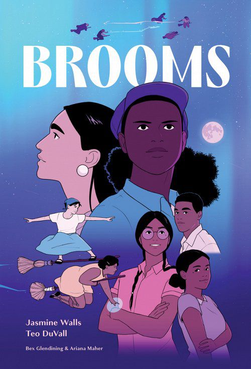 Colorful cover for Jasmine Walls and Teo DuVall’s Brooms, featuring a group of young people flying around on brooms in the night sky.