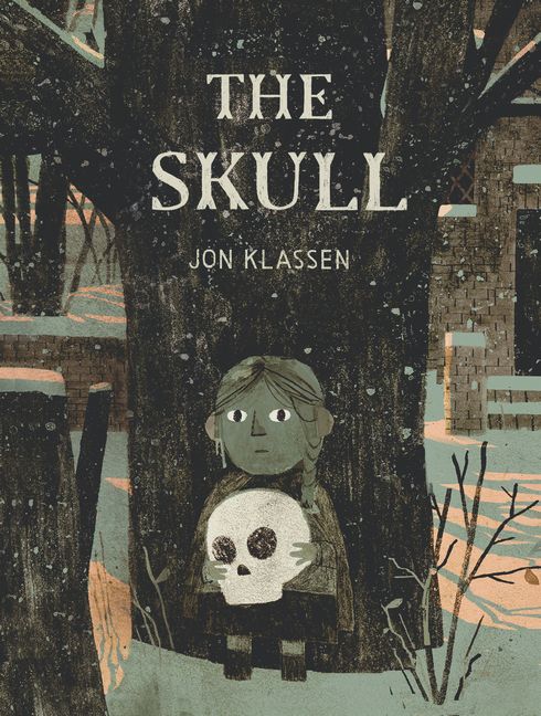 Cover image for Jon Klassen’s The Skull, a hand-drawn image featuring a young person in the snow holding a skull in front of a tree.