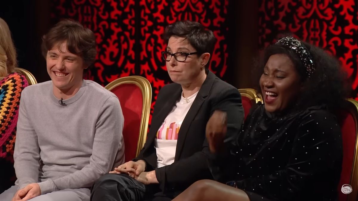 Sam Campbell and Susan Wokoma laugh on the set of Taskmaster.