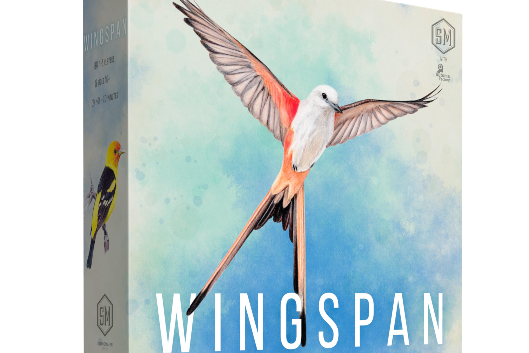 En vit fågel svävar mot en blå bakgrund i omslaget till Wingspan.