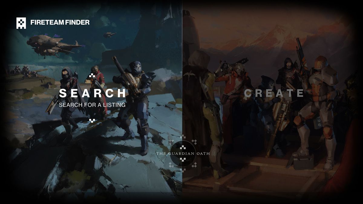 Two sides of a menu say search and create for the fireteam finder in Destiny 2: Season of the Wish