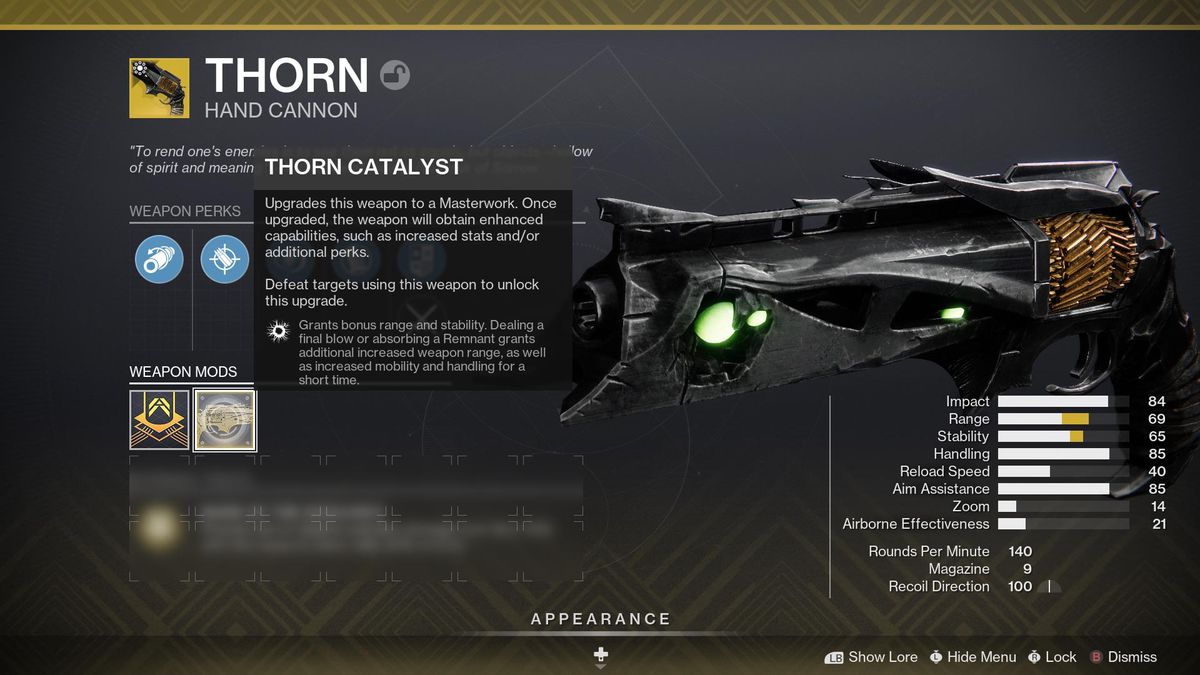 En titt på menyn i spelet som visar Thorn Catalyst och dess olika effekter