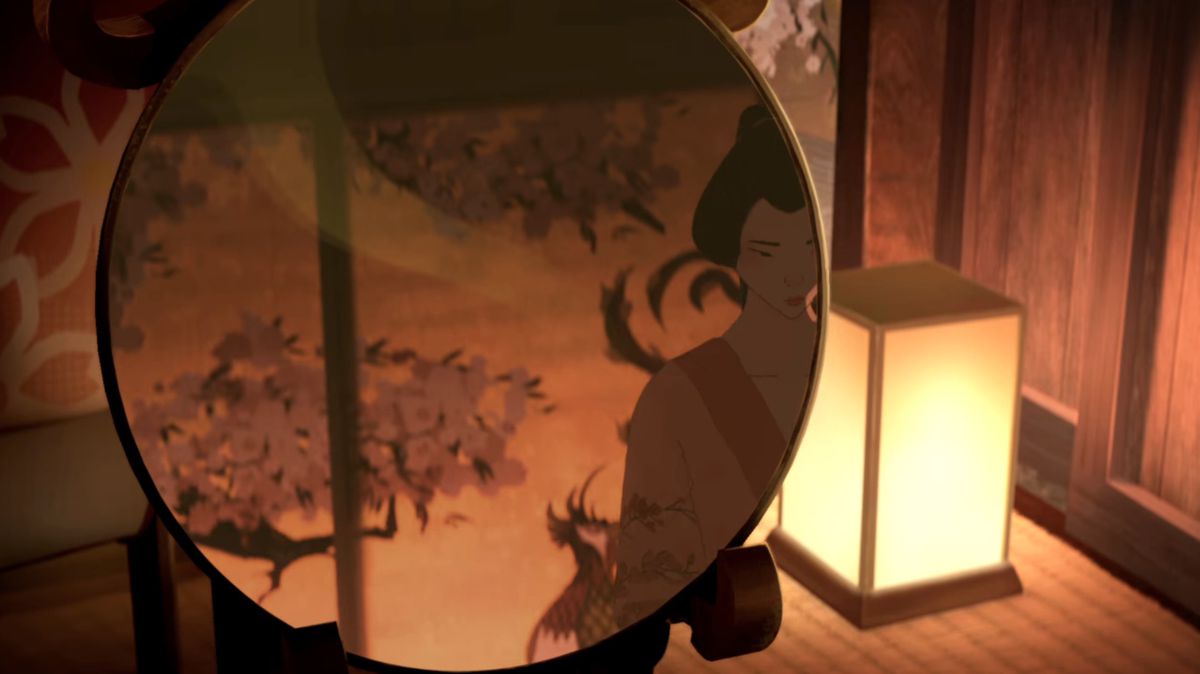 Akemi tar på sig sin mantel igen medan hon står vänd mot en spegel i Blue Eye Samurai